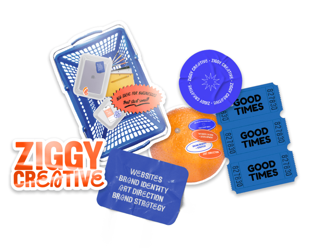 Branded stickers in bright blue and orange, highlighting Ziggy Creative's offering of affordable branding and web design options